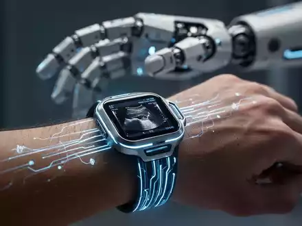 A futuristic ultrasound wristband on a human wrist, with a robotic hand in the background, illustrating skill transfer. - Foto: über boerse-global.de