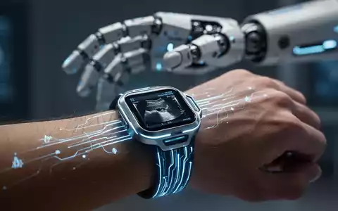 A futuristic ultrasound wristband on a human wrist, with a robotic hand in the background, illustrating skill transfer. - Foto: über boerse-global.de