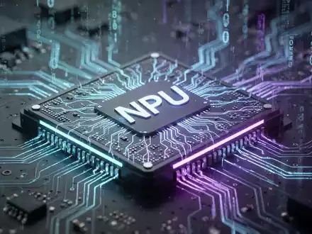 Close-up of a futuristic neural processing unit (NPU) chip on a circuit board, glowing with blue and purple light, symbolizing AI hardware. - Foto: über boerse-global.de