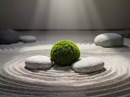 Ein ruhiger, minimalistischer Zen-Garten mit geharktem Sand, glatten grauen Steinen und einem einzelnen Moosball. - Foto: über boerse-global.de