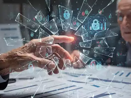 An elderly hand interacting with a digital screen showing abstract cyber threats, symbolizing digital fraud against seniors. - Foto: über boerse-global.de