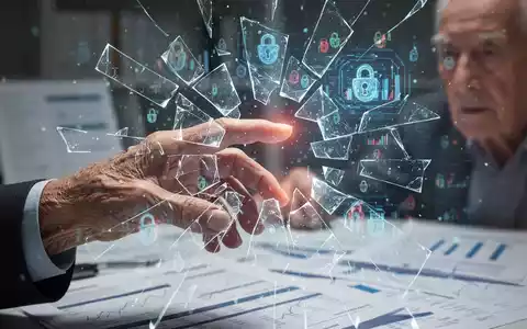 An elderly hand interacting with a digital screen showing abstract cyber threats, symbolizing digital fraud against seniors. - Foto: über boerse-global.de