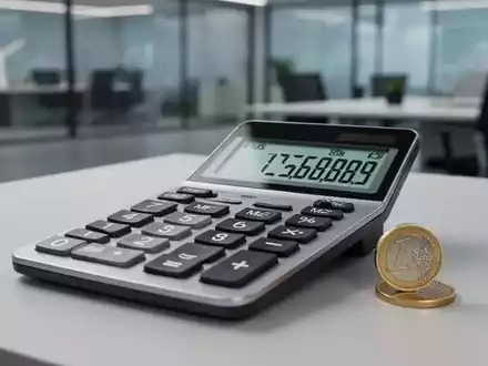 Ein Taschenrechner zeigt Finanzzahlen, daneben liegt eine Euro-Münze. Im Hintergrund ist ein modernes Büro verschwommen zu sehen. - Foto: über boerse-global.de