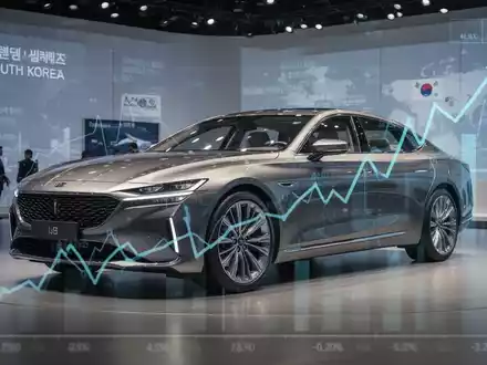 Ein modernes Auto in einem südkoreanischen Ausstellungsraum, mit einem dezenten finanziellen Diagramm im Hintergrund, das steigende Steuern symbolisiert. - Foto: über boerse-global.de
