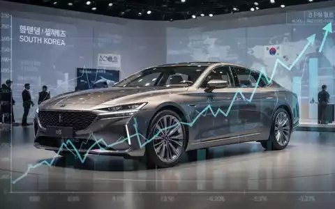 Ein modernes Auto in einem südkoreanischen Ausstellungsraum, mit einem dezenten finanziellen Diagramm im Hintergrund, das steigende Steuern symbolisiert. - Foto: über boerse-global.de