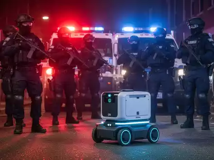 A SWAT team standoff with flashing police lights, and an autonomous delivery robot in the foreground. - Foto: über boerse-global.de