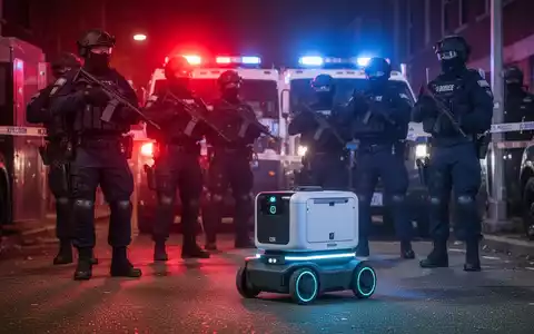 A SWAT team standoff with flashing police lights, and an autonomous delivery robot in the foreground. - Foto: über boerse-global.de