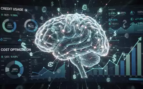 A glowing, abstract neural network overlaid on a digital dashboard showing financial graphs and credit usage data, symbolizing AI cost optimization. - Foto: über boerse-global.de