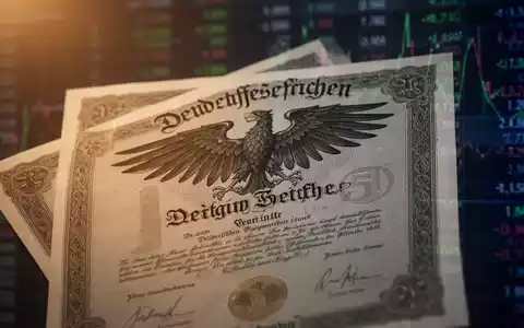 Nahaufnahme einer deutschen Aktienurkunde mit stilisiertem Adler und feinem Druck, umgeben von unscharfen Finanzdaten. - Foto: über boerse-global.de