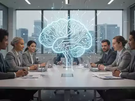 Ein stilisiertes neuronales Netzwerk über einer Gruppe von Mitarbeitern, die an einem modernen Konferenztisch zusammenarbeiten, symbolisiert HR-Software. - Foto: über boerse-global.de
