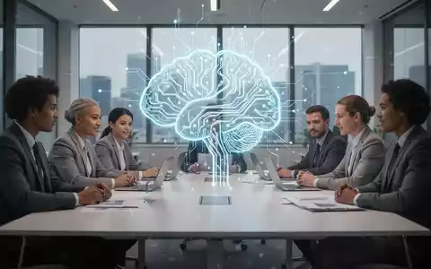 Ein stilisiertes neuronales Netzwerk über einer Gruppe von Mitarbeitern, die an einem modernen Konferenztisch zusammenarbeiten, symbolisiert HR-Software. - Foto: über boerse-global.de
