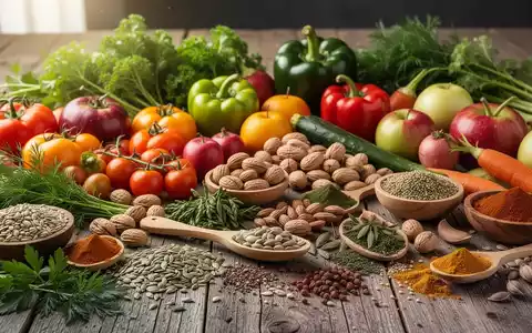 Eine Nahaufnahme einer vielfältigen Anordnung von frischen pflanzlichen Lebensmitteln wie Gemüse, Obst, Nüssen und Kräutern auf einem Holztisch. - Foto: über boerse-global.de