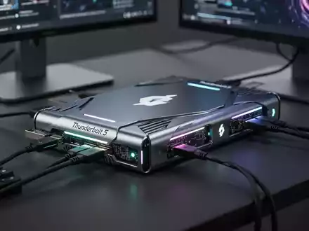 Close-up of high-performance Thunderbolt 5 NVMe RAID storage devices with metallic finishes and subtle LED indicators, connected to a workstation. - Foto: über boerse-global.de