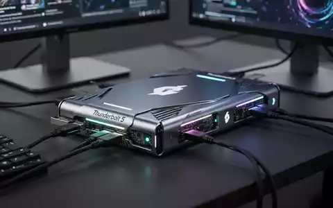 Close-up of high-performance Thunderbolt 5 NVMe RAID storage devices with metallic finishes and subtle LED indicators, connected to a workstation. - Foto: über boerse-global.de