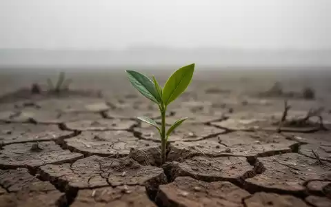 Ein einzelner grüner Setzling, der in trockener, rissiger Erde kämpft, mit einem trostlosen, diesigen Horizont. - Foto: über boerse-global.de