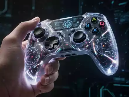 A hand holding a futuristic game controller with glowing lights, reflecting digital elements, against a dark, tech-inspired background. - Foto: über boerse-global.de