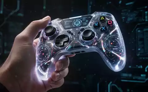 A hand holding a futuristic game controller with glowing lights, reflecting digital elements, against a dark, tech-inspired background. - Foto: über boerse-global.de