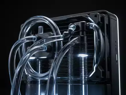 Close-up of a high-end AIO CPU liquid cooler, showcasing the radiator, fans, and tubing with a futuristic glow. - Foto: über boerse-global.de