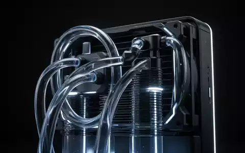 Close-up of a high-end AIO CPU liquid cooler, showcasing the radiator, fans, and tubing with a futuristic glow. - Foto: über boerse-global.de