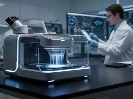 Nahaufnahme eines futuristischen Nanoporen-Sequenzierungsgeräts mit blauem Licht auf einem Labortisch, im Hintergrund ein Wissenschaftler. - Foto: über boerse-global.de