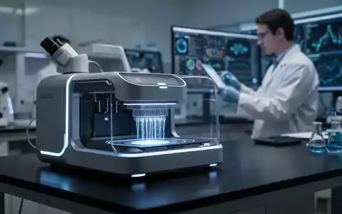 Nahaufnahme eines futuristischen Nanoporen-Sequenzierungsgeräts mit blauem Licht auf einem Labortisch, im Hintergrund ein Wissenschaftler. - Foto: über boerse-global.de