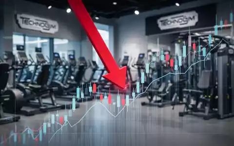 Ein roter Pfeil zeigt auf einen fallenden Börsenchart vor einem unscharfen Technogym-Fitnessstudio-Hintergrund. - Foto: über boerse-global.de