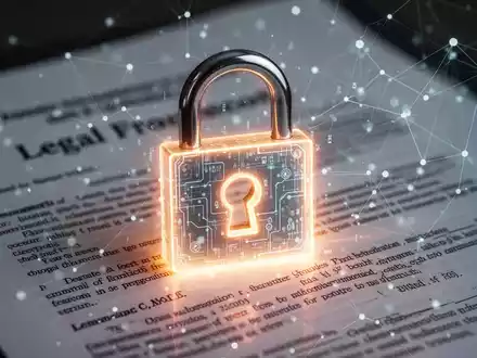 Ein stilisiertes, leuchtendes digitales Vorhängeschloss über verschwommenen juristischen Dokumenten und abstrakten Datenpunkten. - Foto: über boerse-global.de