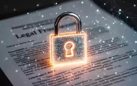 Ein stilisiertes, leuchtendes digitales Vorhängeschloss über verschwommenen juristischen Dokumenten und abstrakten Datenpunkten. - Foto: über boerse-global.de