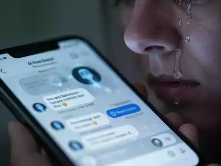 A somber close-up of a smartphone screen showing a blurred AI chatbot, with a tear rolling down a cheek in the background. - Foto: über boerse-global.de