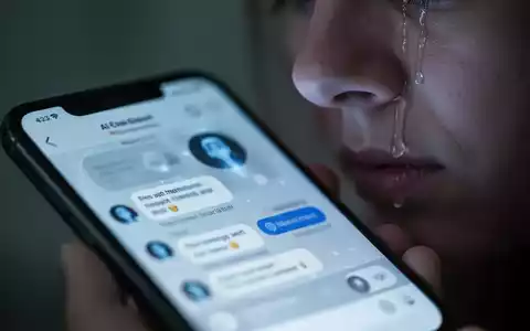 A somber close-up of a smartphone screen showing a blurred AI chatbot, with a tear rolling down a cheek in the background. - Foto: über boerse-global.de