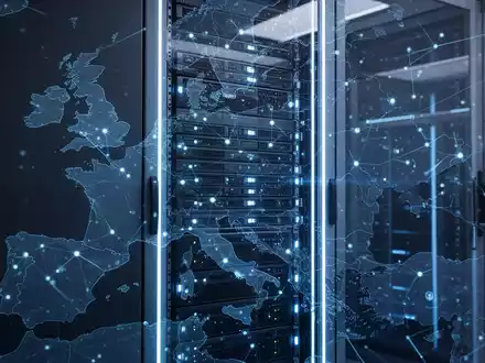 Ein futuristisches Server-Rack mit blauen Lichtern und einer stilisierten Europakarte im Hintergrund, symbolisiert Technologie und Datenvernetzung. - Foto: über boerse-global.de