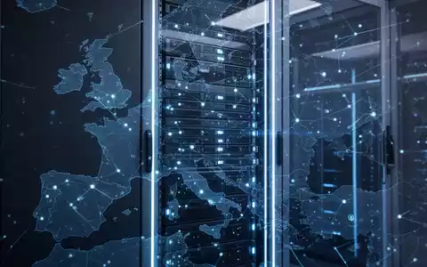 Ein futuristisches Server-Rack mit blauen Lichtern und einer stilisierten Europakarte im Hintergrund, symbolisiert Technologie und Datenvernetzung. - Foto: über boerse-global.de