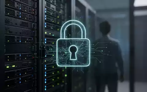 Ein stilisiertes digitales Vorhängeschloss-Symbol über dem verschwommenen Hintergrund eines Serverraums und einer menschlichen Silhouette. - Foto: über boerse-global.de