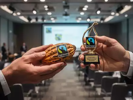 Nahaufnahme von Händen, die eine Fairtrade-zertifizierte Kakaobohne oder eine Trophäe austauschen, symbolisch für fairen Handel. - Foto: über boerse-global.de