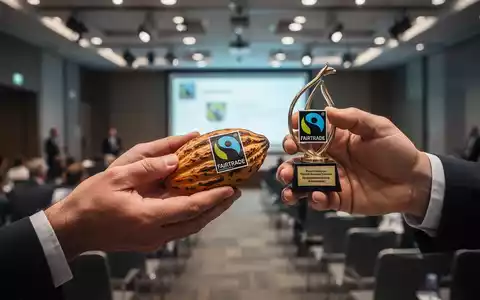 Nahaufnahme von Händen, die eine Fairtrade-zertifizierte Kakaobohne oder eine Trophäe austauschen, symbolisch für fairen Handel. - Foto: über boerse-global.de