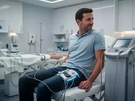 Ein Mann mittleren Alters führt Beckenbodenübungen in einer modernen Physiotherapieklinik durch, mit Fokus auf Rehabilitationstechnologien. - Foto: über boerse-global.de