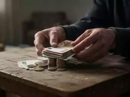 Hände zählen eine kleine Menge Euro-Banknoten und Münzen auf einem abgenutzten Holztisch, was finanzielle Knappheit symbolisiert. - Foto: über boerse-global.de