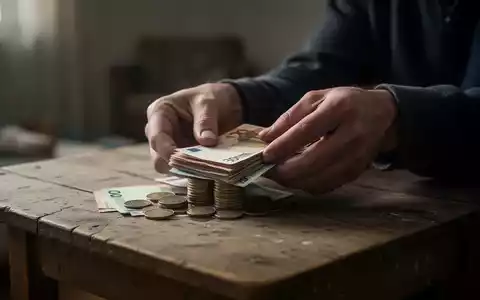 Hände zählen eine kleine Menge Euro-Banknoten und Münzen auf einem abgenutzten Holztisch, was finanzielle Knappheit symbolisiert. - Foto: über boerse-global.de