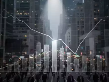 Ein stilisierter Graph mit absteigendem Trend und einem isolierten Balken, der eine Underperformance darstellt, vor unscharfen Finanzgebäuden. - Foto: über boerse-global.de