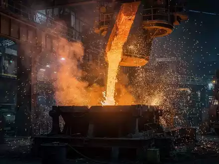 Eine Nahaufnahme von geschmolzenem Metall, das in einem Stahlwerk gegossen wird, mit Funken und Rauch. - Foto: über boerse-global.de