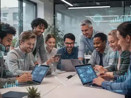 Diverse group of adults learning digital skills in a modern setting, using technology and collaborating. - Foto: über boerse-global.de