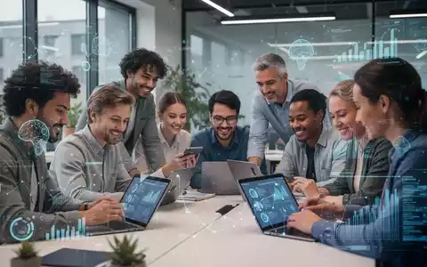 Diverse group of adults learning digital skills in a modern setting, using technology and collaborating. - Foto: über boerse-global.de