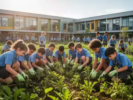 Schüler bewirtschaften ein Feld mit Pflanzen und Gemüse, im Hintergrund moderne Schulgebäude. Symbolisiert Nachhaltigkeit und Bildung. - Foto: über boerse-global.de