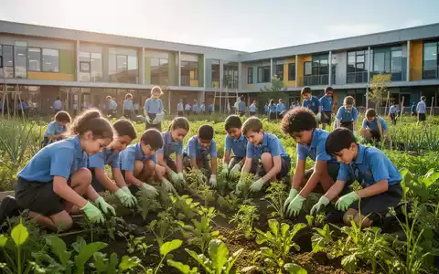 Schüler bewirtschaften ein Feld mit Pflanzen und Gemüse, im Hintergrund moderne Schulgebäude. Symbolisiert Nachhaltigkeit und Bildung. - Foto: über boerse-global.de