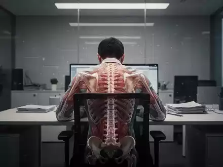Eine Person sitzt gebeugt an einem Schreibtisch in einem dunklen Büro, was Haltungsprobleme und Muskelabbau symbolisiert. - Foto: über boerse-global.de