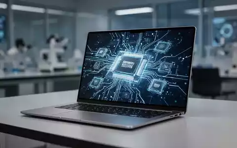 A sleek, ultra-thin laptop with a glowing screen displaying advanced chip architecture, made of titanium and aluminum. - Foto: über boerse-global.de