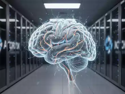 A glowing digital brain with neural pathways superimposed over a modern server room, symbolizing AI talent and industry shifts. - Foto: über boerse-global.de
