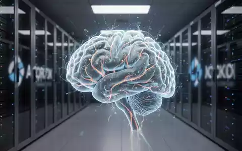 A glowing digital brain with neural pathways superimposed over a modern server room, symbolizing AI talent and industry shifts. - Foto: über boerse-global.de