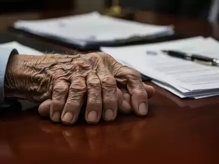 Eine nachdenkliche Nahaufnahme einer älteren Hand, die auf einem Schreibtisch ruht, mit unscharfen Dokumenten im Hintergrund. - Foto: über boerse-global.de