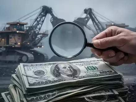 Eine Hand hält eine Lupe über einem Stapel Dollarnoten, im Hintergrund verschwommene Bergbauausrüstung. - Foto: über boerse-global.de